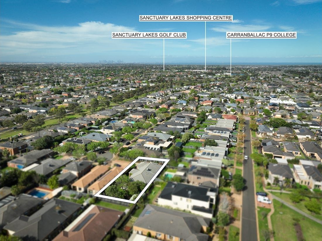 Aerial view showing Sanctuary Lakes Shopping Centre, Sanctuary Lakes Golf Club and Carranballac P-9 College nearby